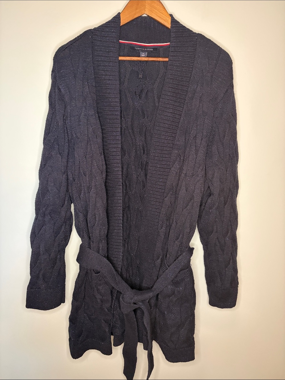 Tommy Hilfiger Glitter Cable Knit Longline Belted Navy Cardigan Sweater